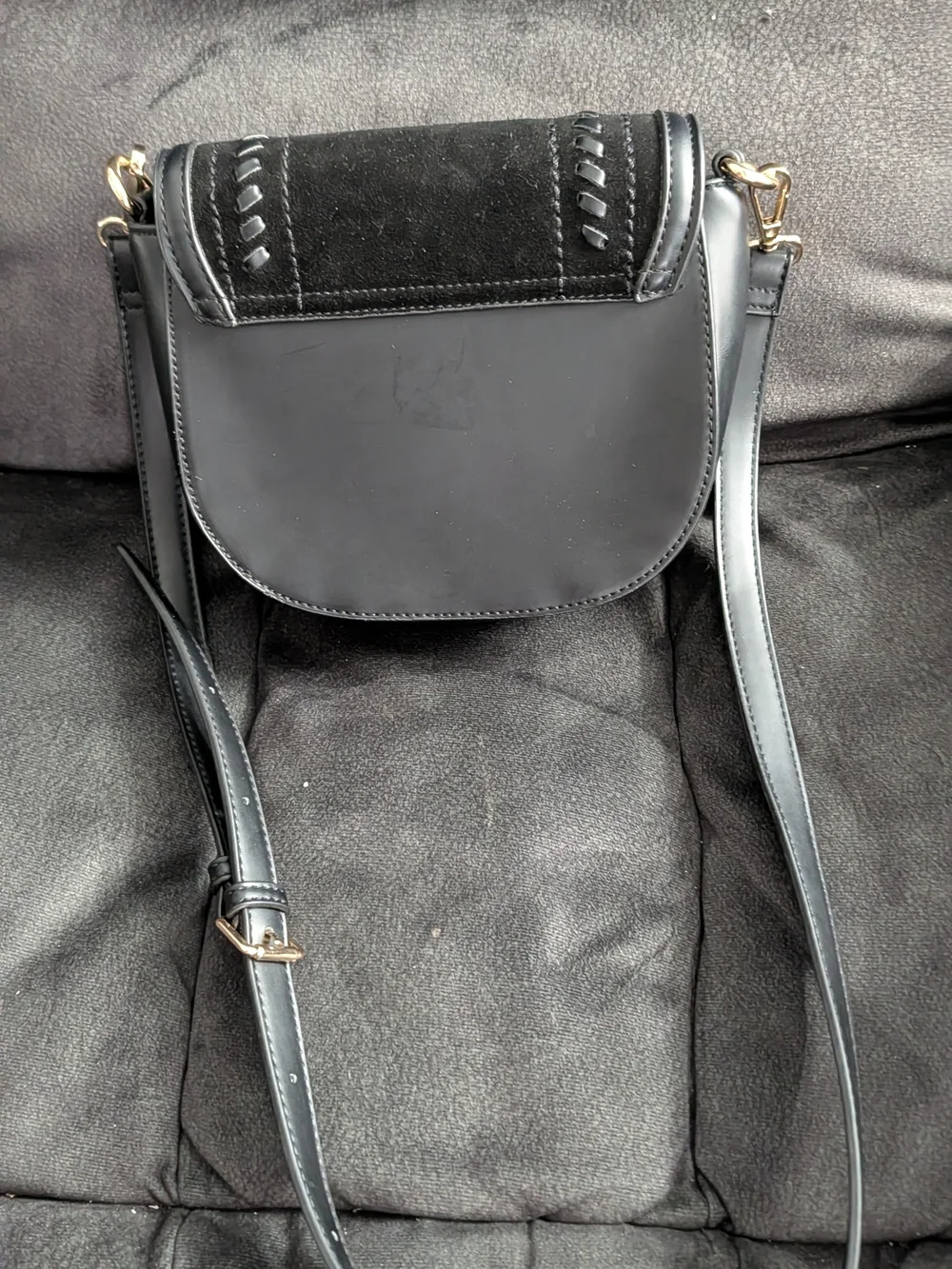 Moda Luxe Black Crossbody Saddle Bag with Woven Detail